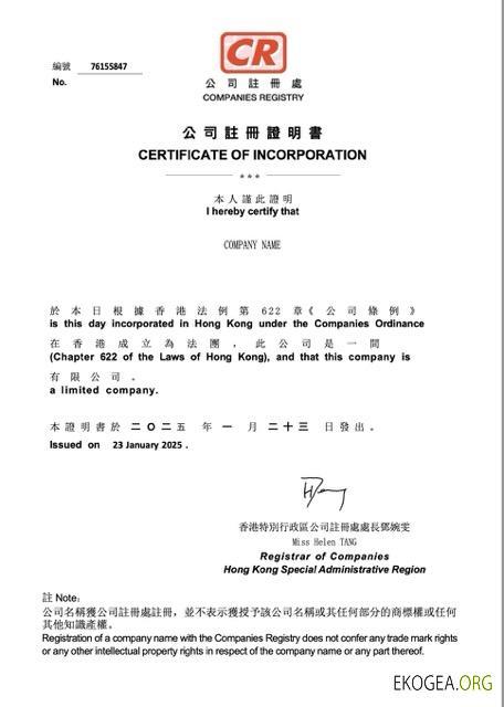 Modèle Word et PDF de certificat de constitution en Chine